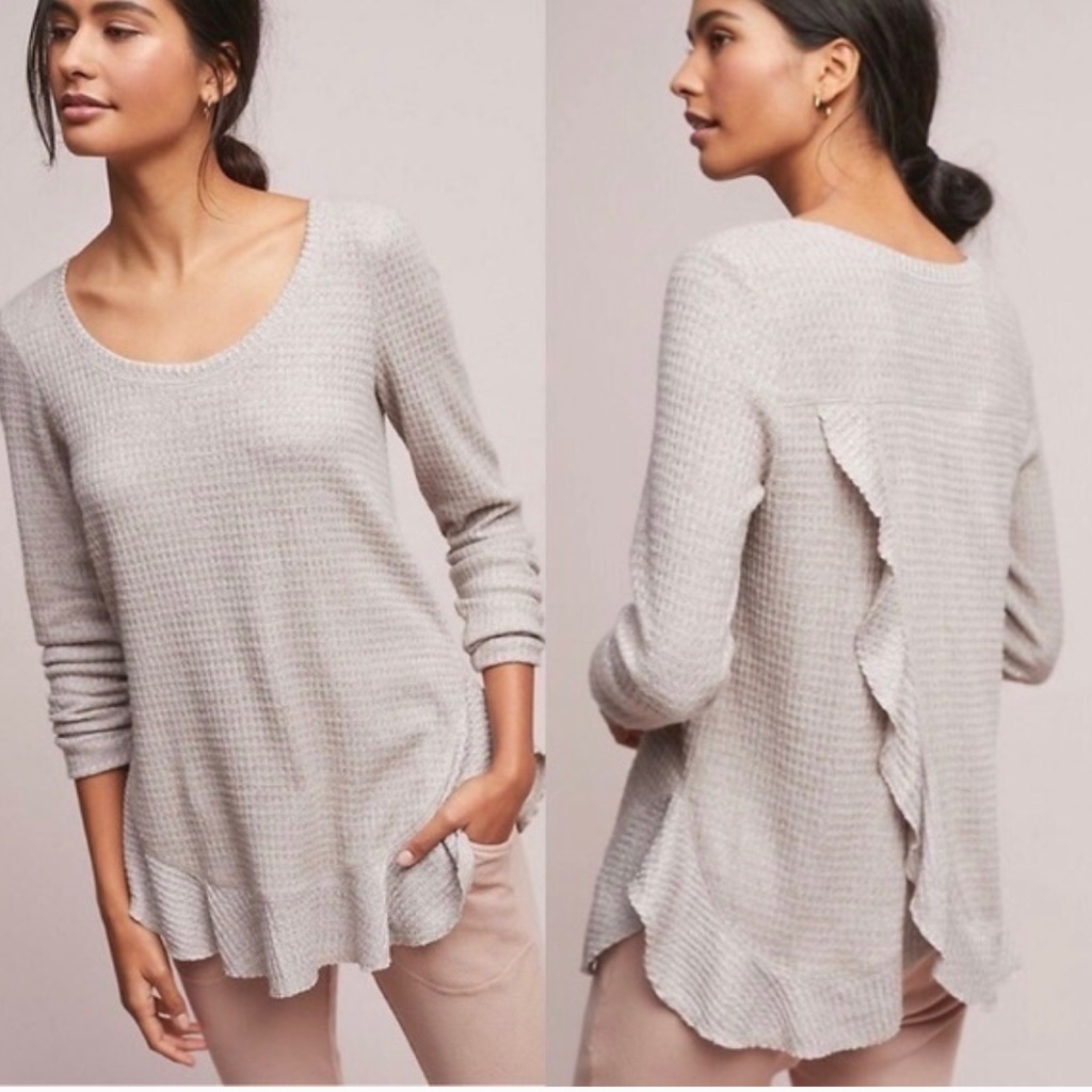 Anthropologie Saturday Sunday Tan Wendy Waffle Knit Top Long Sleeve Ruffle Hem